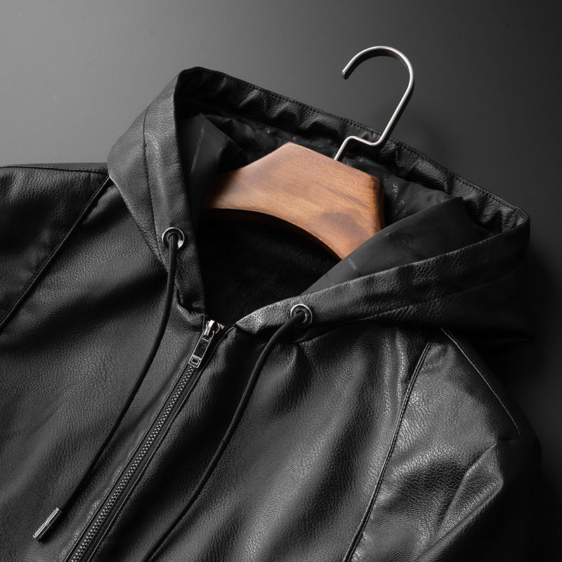 Hooded Leather-Look Jacket – Men – Black – hood detail