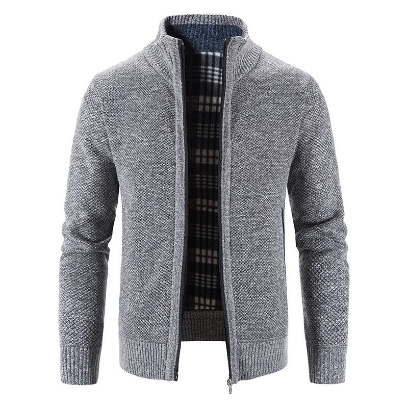 Check-Lined Marled Knit Zip Cardigan – Men – Grey – front
