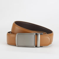 Leather Ratchet Belt, Slim Buckle – Men – Tan · Silver Plate Buckle – front