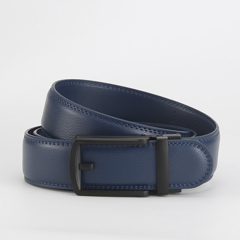 Leather Ratchet Belt, Slim Buckle – Men – Navy · Black Frame Buckle – front