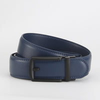 Leather Ratchet Belt, Slim Buckle – Men – Navy · Black Frame Buckle – front
