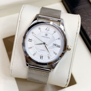 Roman Numeral Quartz Watch, Mesh or Leather – Men – Silver · White Dial · Steel Mesh – in the box