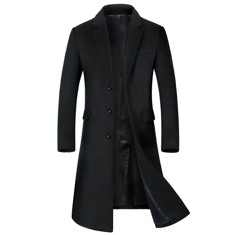 50% Wool Single-Breasted Long Overcoat – Men – Black – front