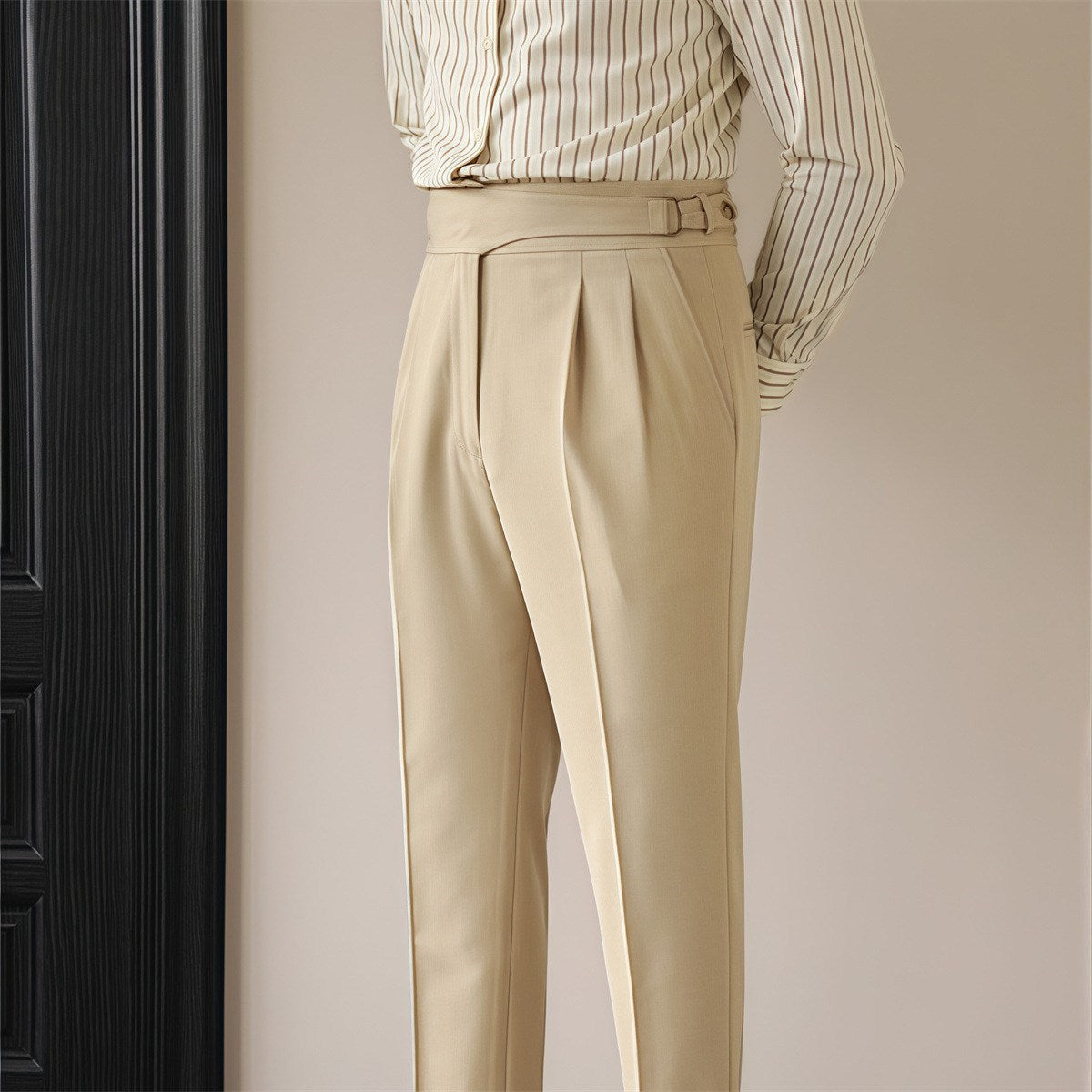 Extended-Tab Pleated Trousers, Side Buckle, No-Iron – Men – Stone – waist
