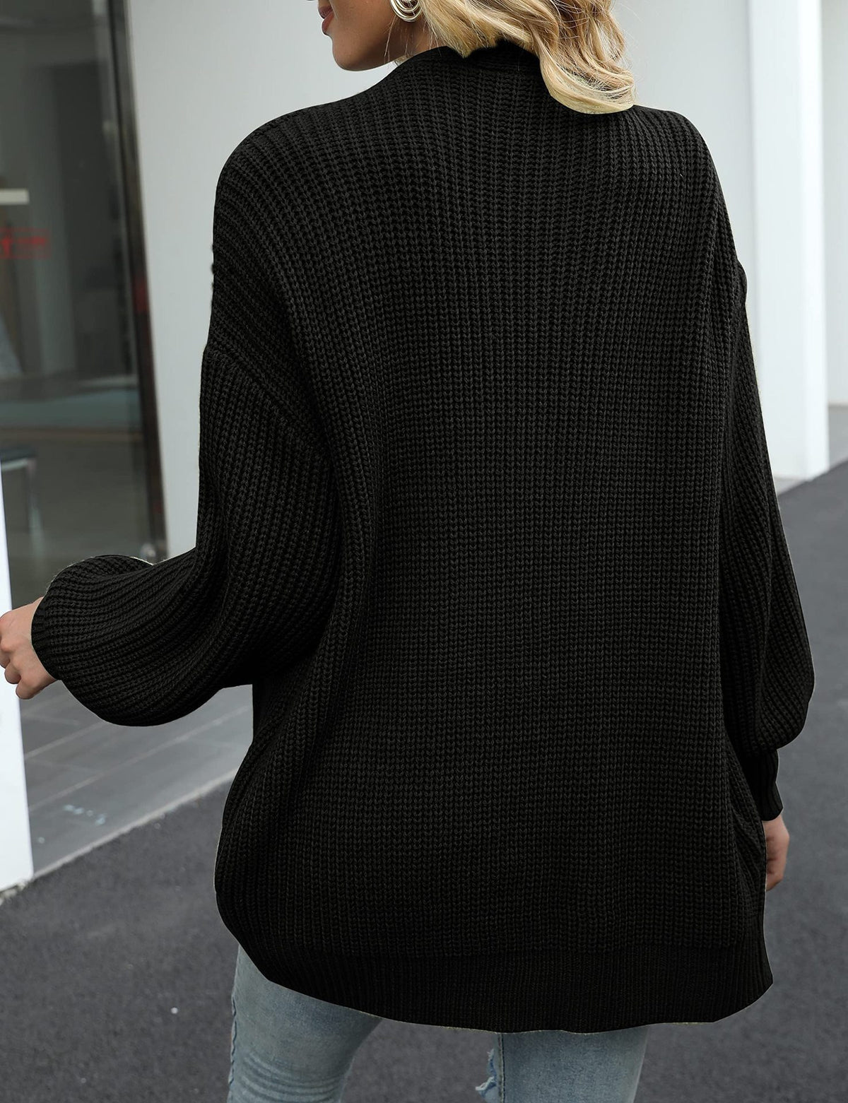 Chunky Knit Open Cardigan with Balloon Sleeves – Women – Black – back