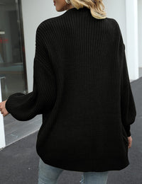 Chunky Knit Open Cardigan with Balloon Sleeves – Women – Black – back