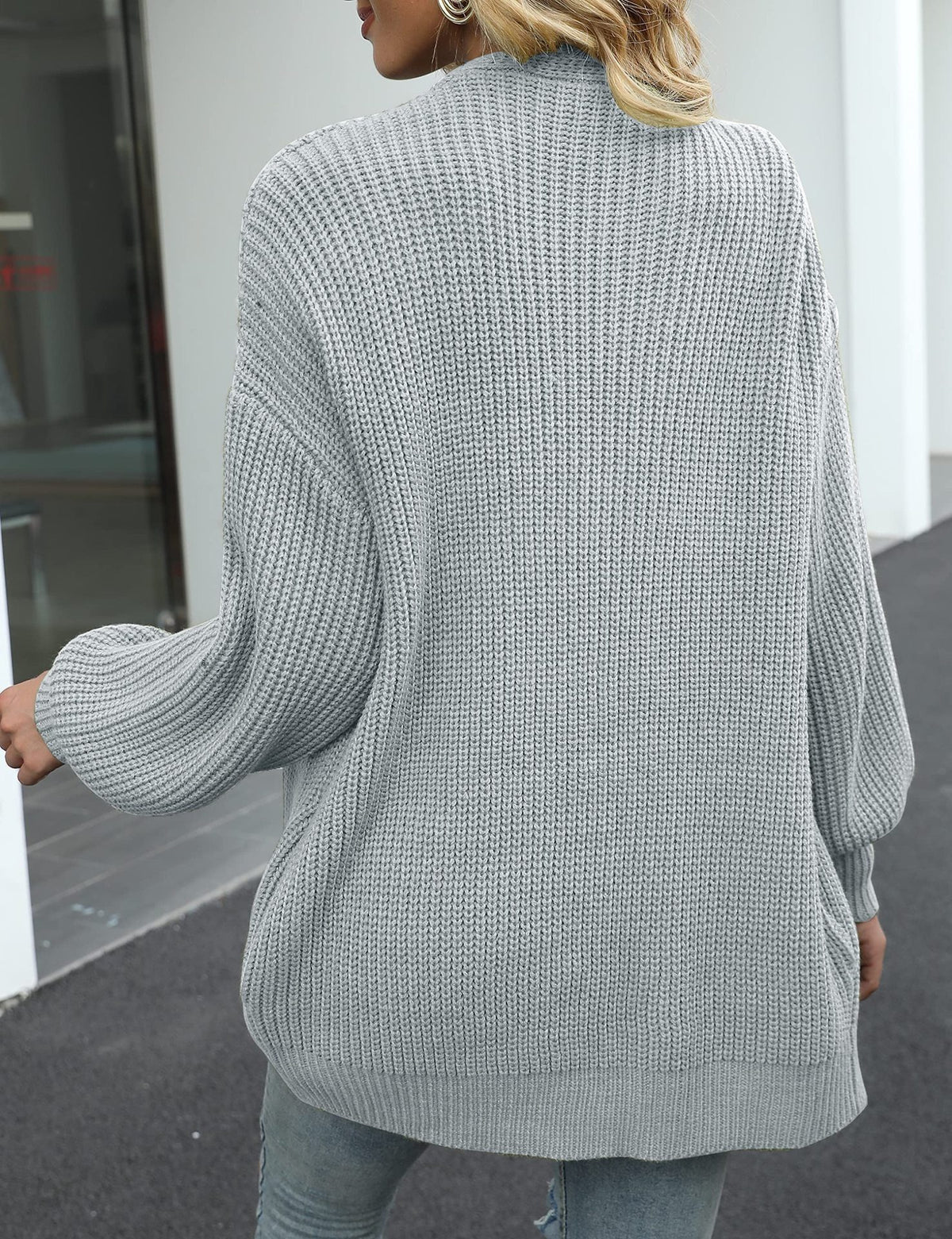 Chunky Knit Open Cardigan with Balloon Sleeves – Women – Grey – back
