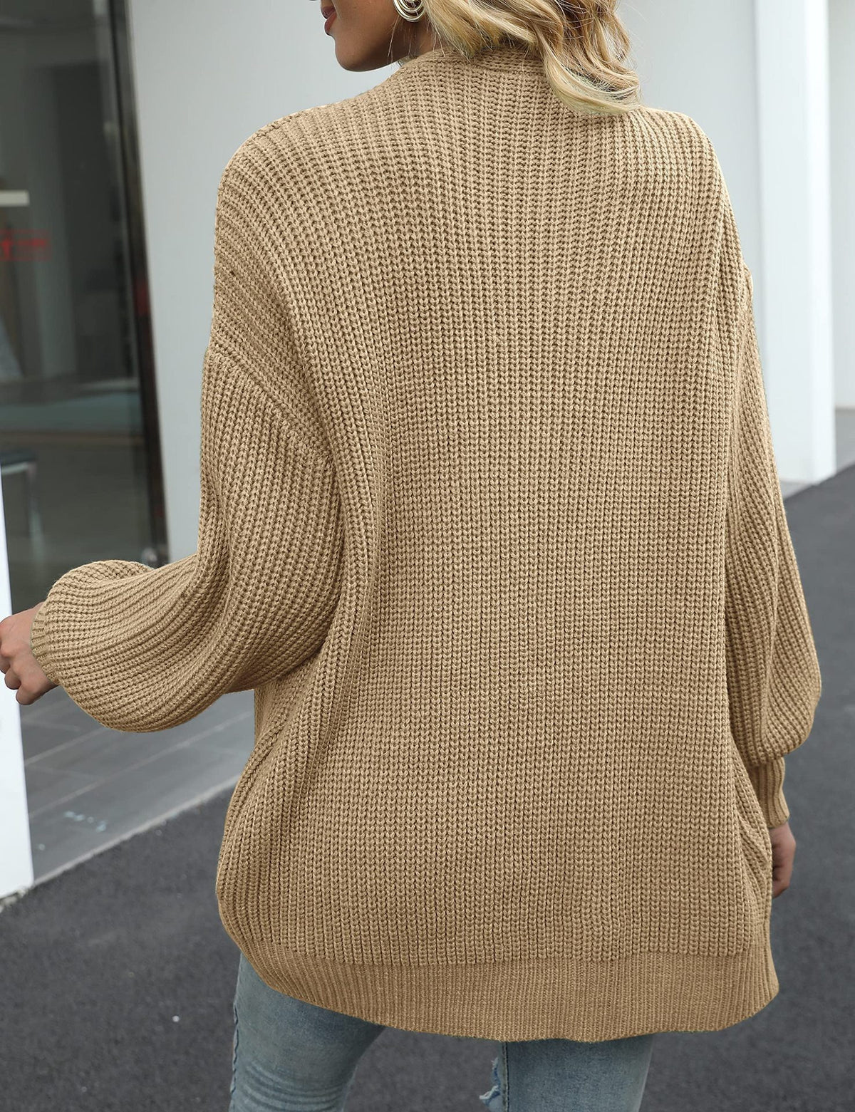 Chunky Knit Open Cardigan with Balloon Sleeves – Women – Camel – back