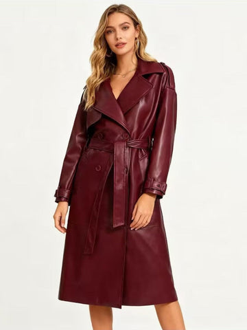 Faux-Leather Belted Trench Coat – Women – Burgundy – worn