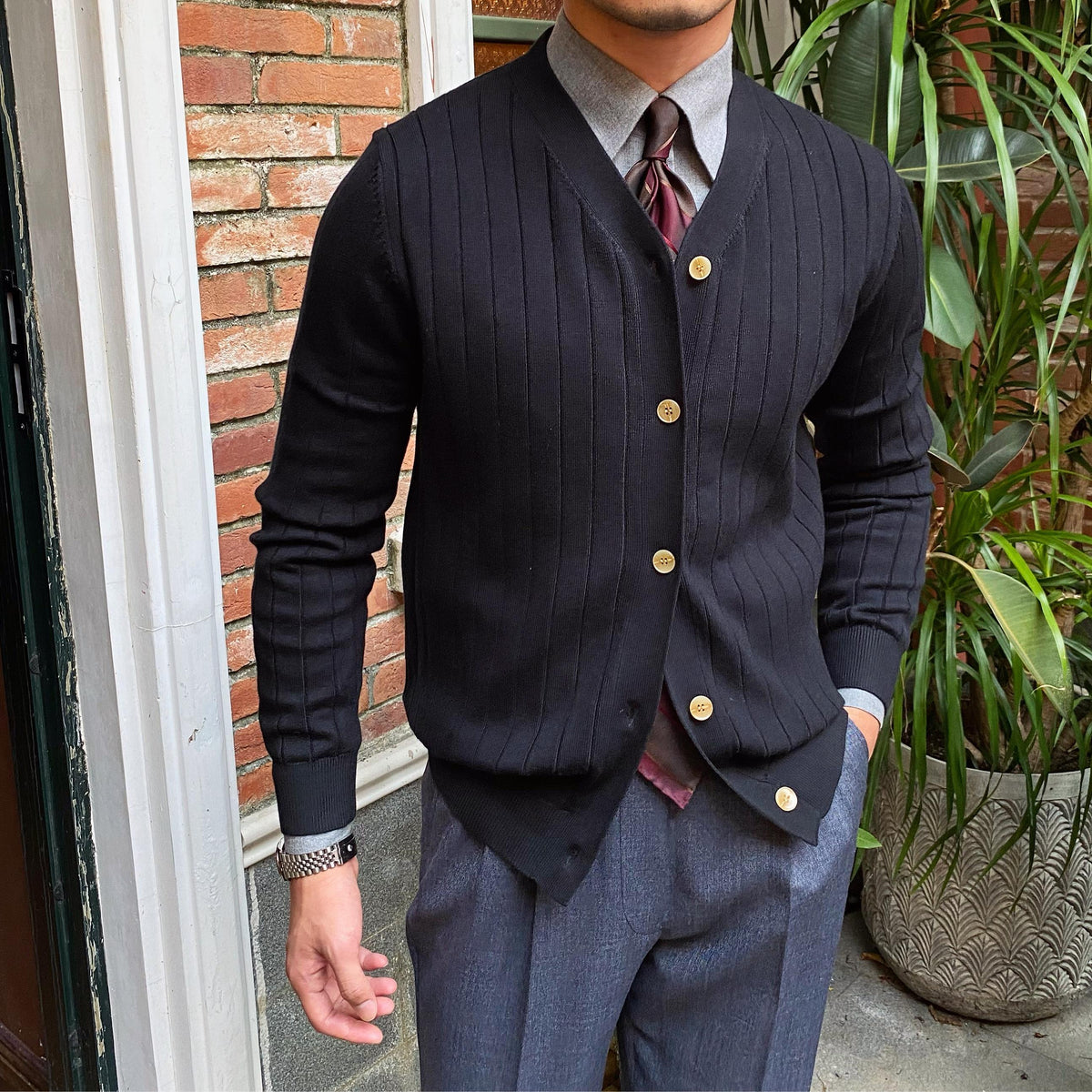 Wide-Rib V-Neck Button Cardigan – Men – Black – worn