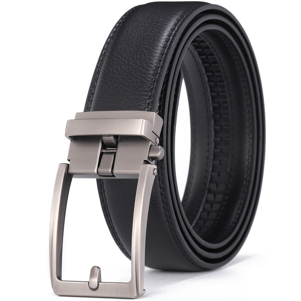Leather Ratchet Belt, No Holes – Men – Black · Gunmetal Buckle – front