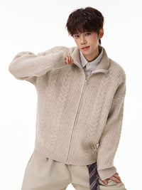 Cable Knit Zip Cardigan, Stand Collar, Relaxed Fit – Men – Beige – worn