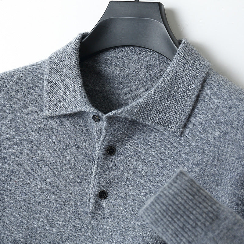 96–99% Wool Knit Polo Sweater, Long Sleeve – Men – Grey – collar