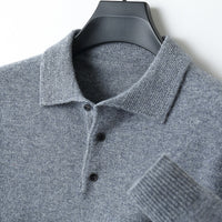 96–99% Wool Knit Polo Sweater, Long Sleeve – Men – Grey – collar