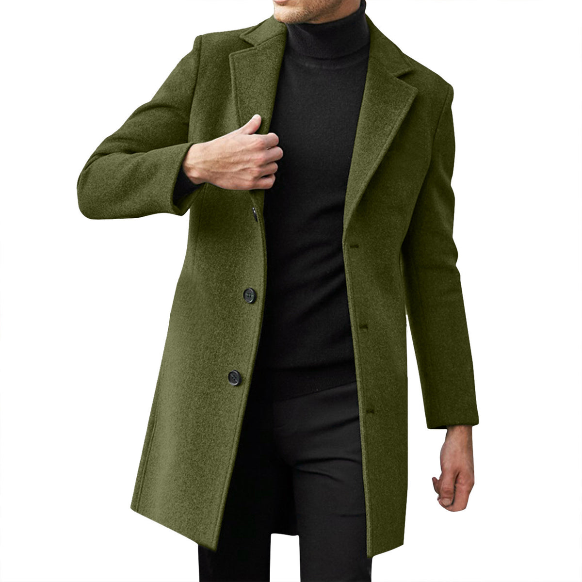 Single-Breasted Mid-Length Coat, Wool-Look – Men – Olive – front