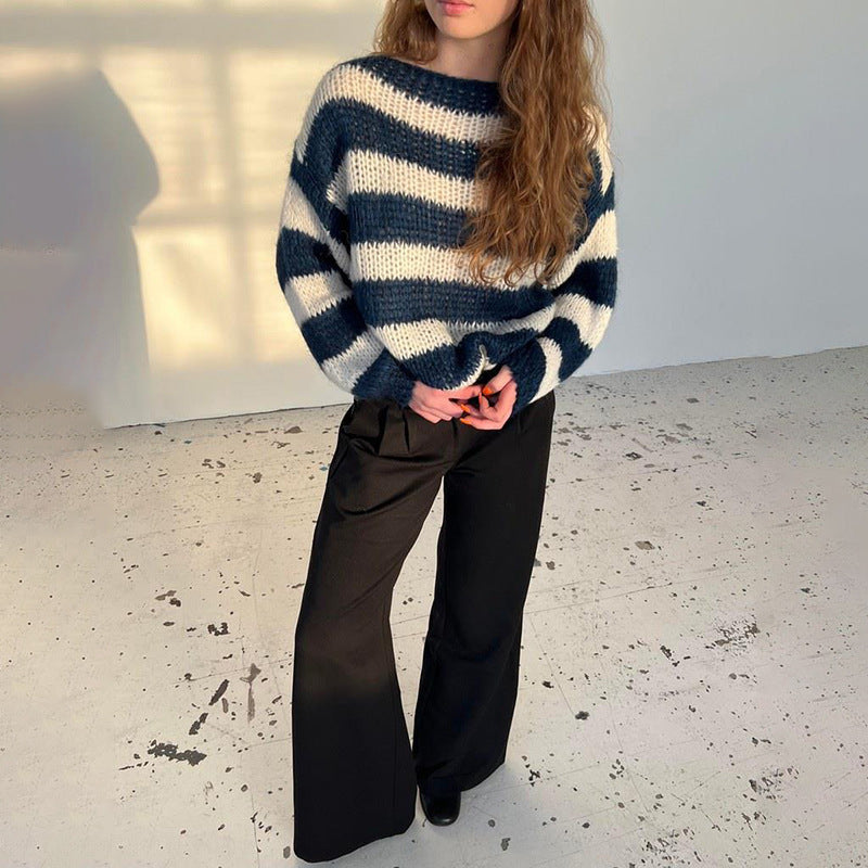 Striped Chunky Knit Off-Shoulder Sweater – Women – Navy – worn, full length