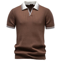 100% Cotton Ribbed Knit Polo, Open Collar – Men – Brown – front