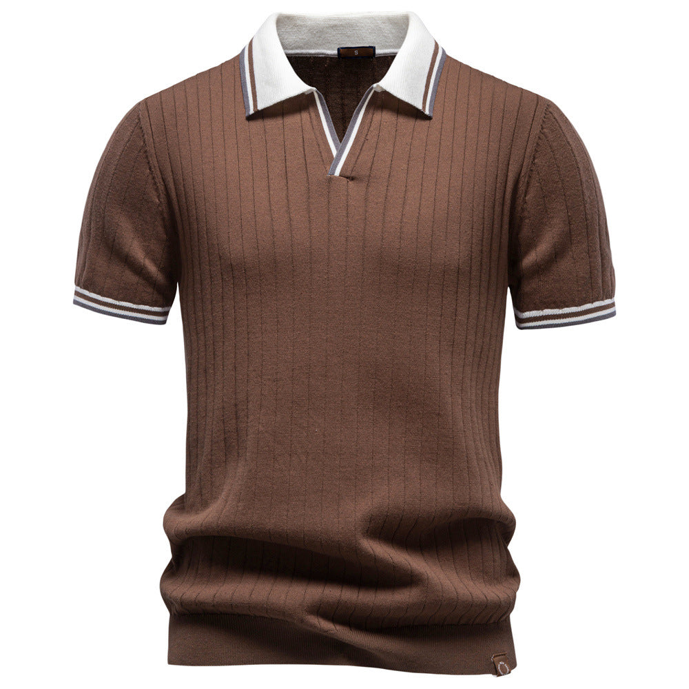 100% Cotton Ribbed Knit Polo, Open Collar – Men – Brown – front