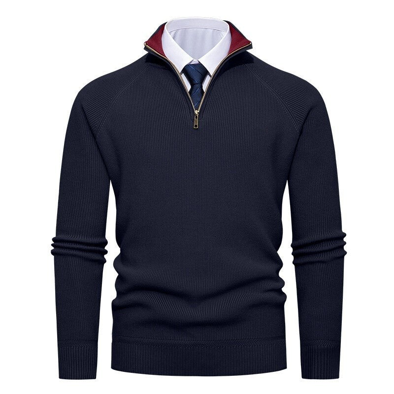 Ribbed Quarter-Zip Sweater, Raglan Sleeves – Men – Navy – front