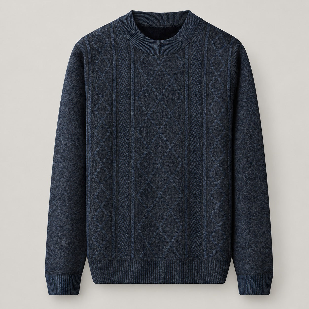 Fleece-Lined Chenille Cable Knit Crew Neck – Men – Navy – front