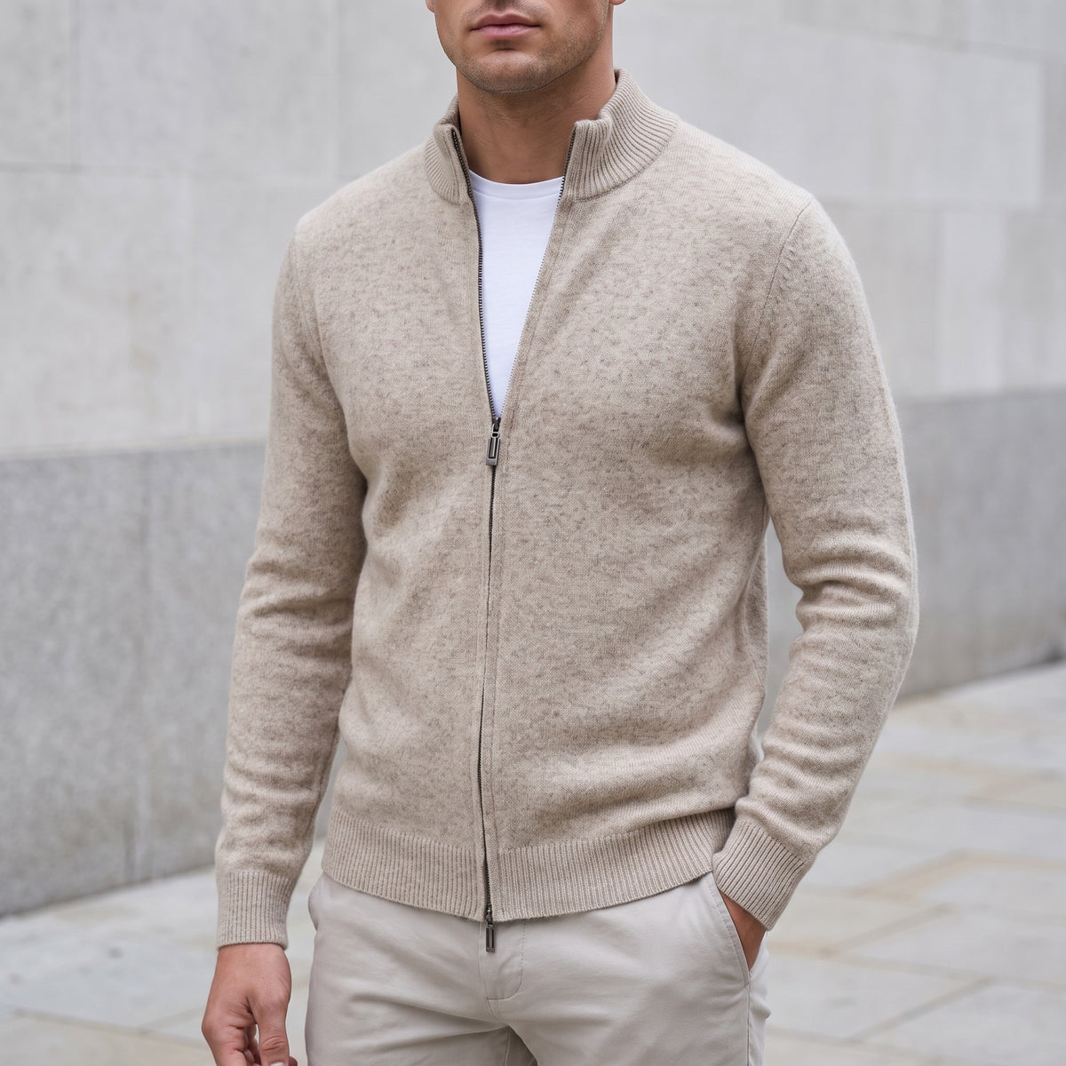 Full-Zip Knit Cardigan, Stand Collar – Men – Beige – worn
