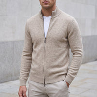 Full-Zip Knit Cardigan, Stand Collar – Men – Beige – worn