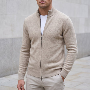 Full-Zip Knit Cardigan, Stand Collar – Men – Beige – worn