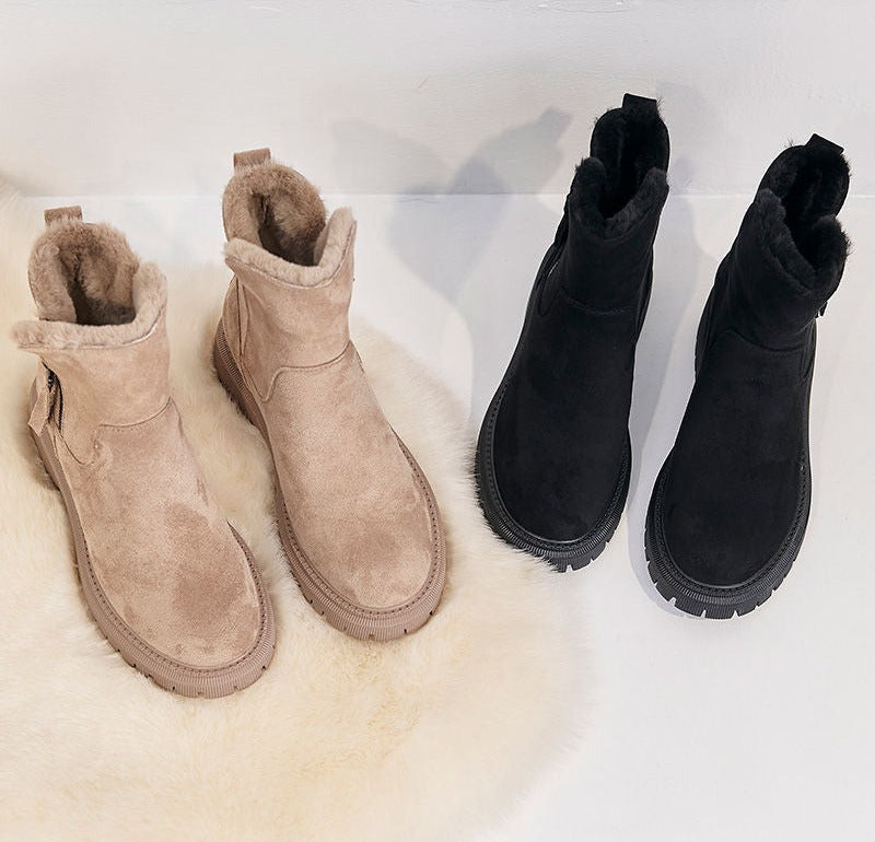 Fur-Lined Winter Ankle Boots with Side Zip – Women – Beige – beige and black