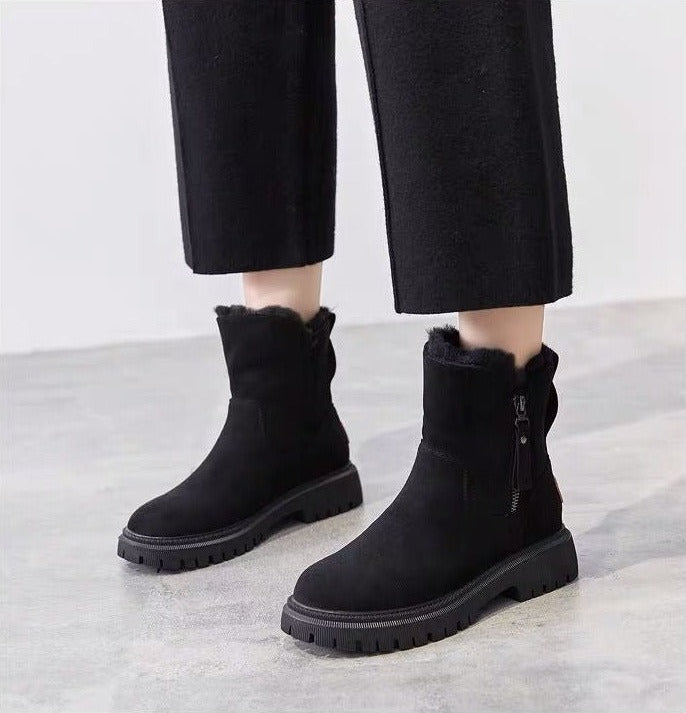 Fur-Lined Winter Ankle Boots with Side Zip – Women – Black – worn, front