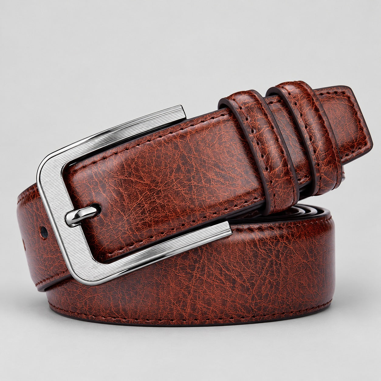 Grained Leather-Look Dress Belt – Men – Brown – front