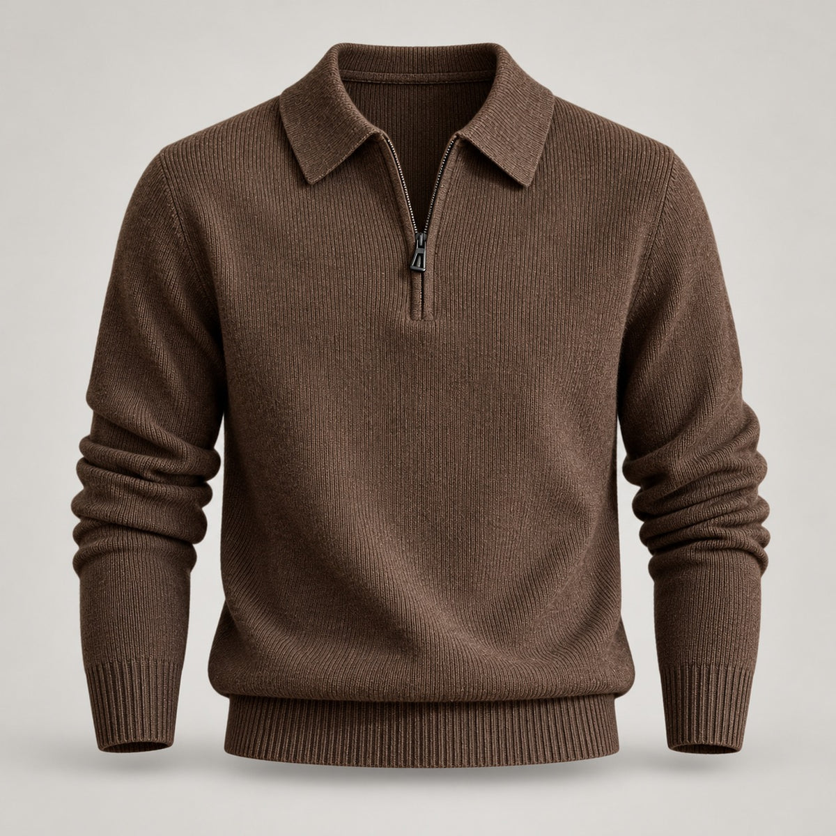 Half-Zip Knit Polo Sweater, Fine Rib – Men – Brown – worn, front