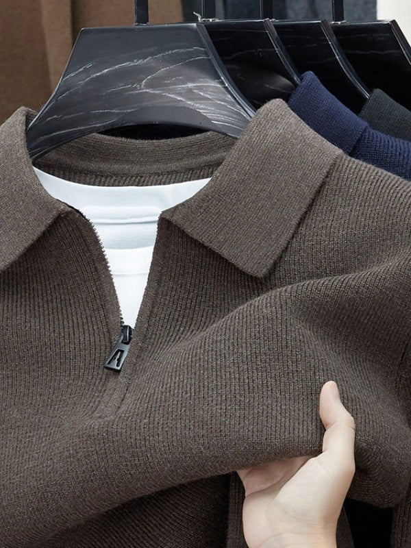 Half-Zip Knit Polo Sweater, Fine Rib – Men – Brown – collar and zip