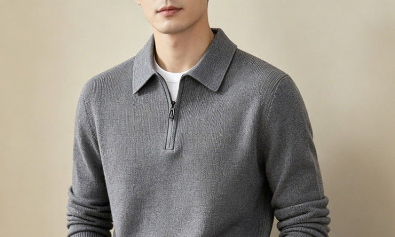 Half-Zip Knit Polo Sweater, Fine Rib – Men – Grey – worn