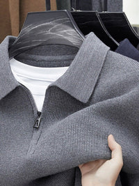 Half-Zip Knit Polo Sweater, Fine Rib – Men – Grey – collar and zip