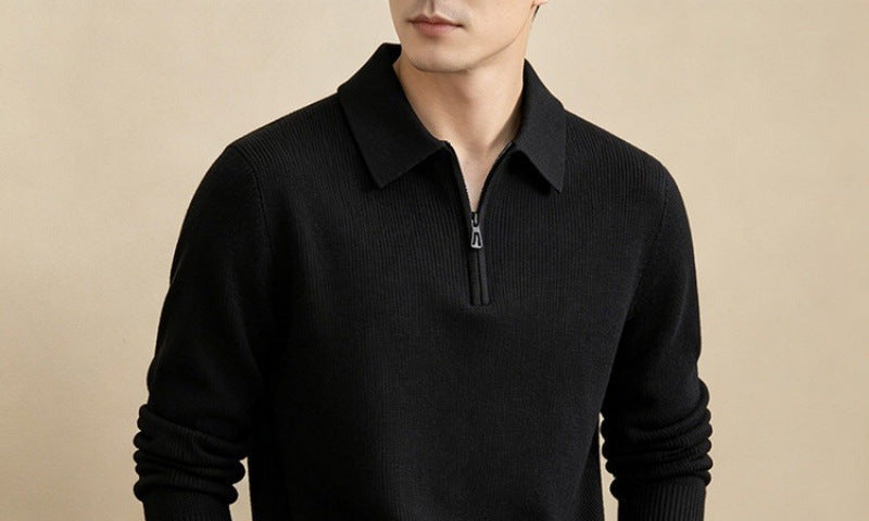 Half-Zip Knit Polo Sweater, Fine Rib – Men – Black – worn