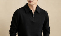 Half-Zip Knit Polo Sweater, Fine Rib – Men – Black – worn