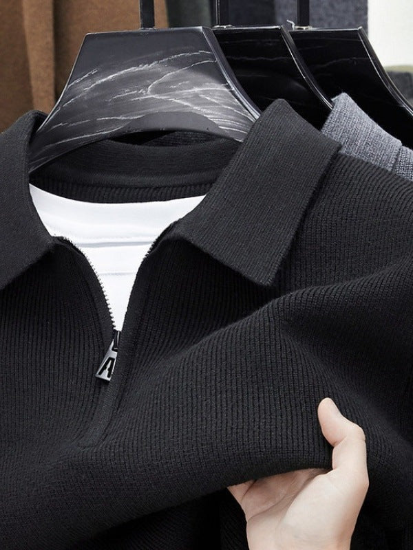 Half-Zip Knit Polo Sweater, Fine Rib – Men – Black – collar and zip