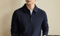 Half-Zip Knit Polo Sweater, Fine Rib – Men – Navy – worn