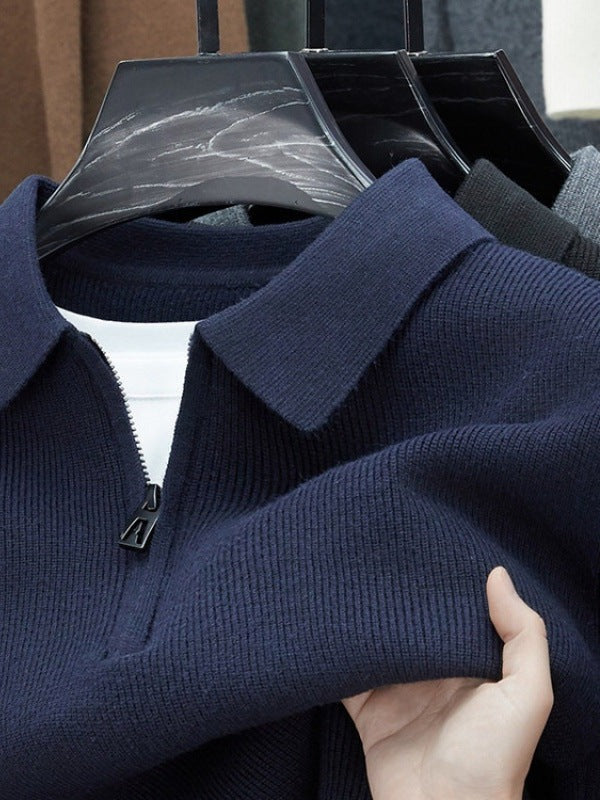 Half-Zip Knit Polo Sweater, Fine Rib – Men – Navy – collar and zip