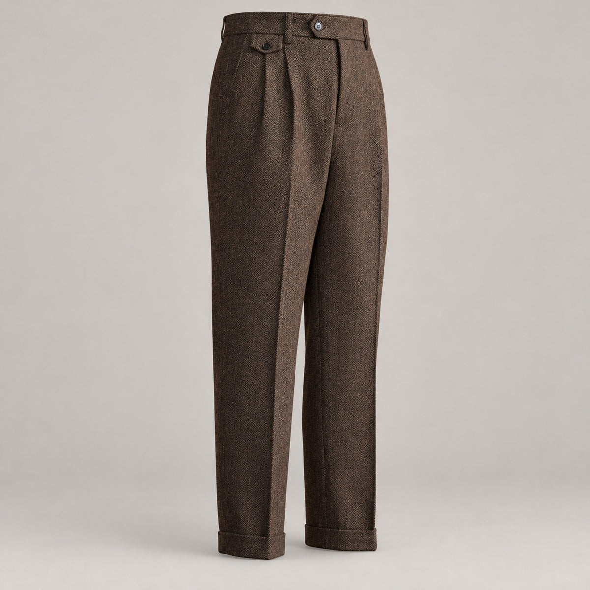 Herringbone Pleated Trousers, High Waist – Men – Brown – front