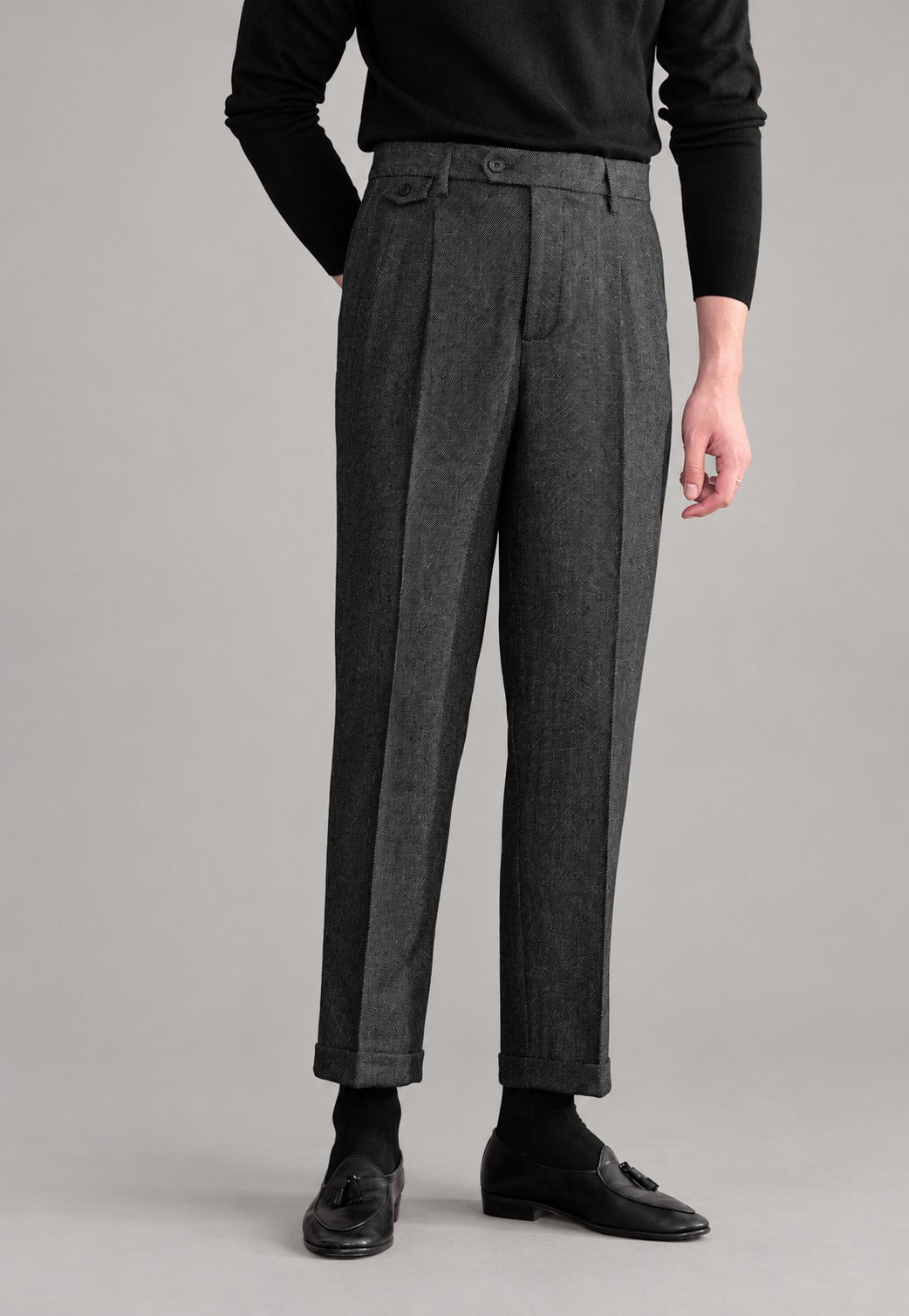 Herringbone Pleated Trousers, High Waist – Men – Grey – front
