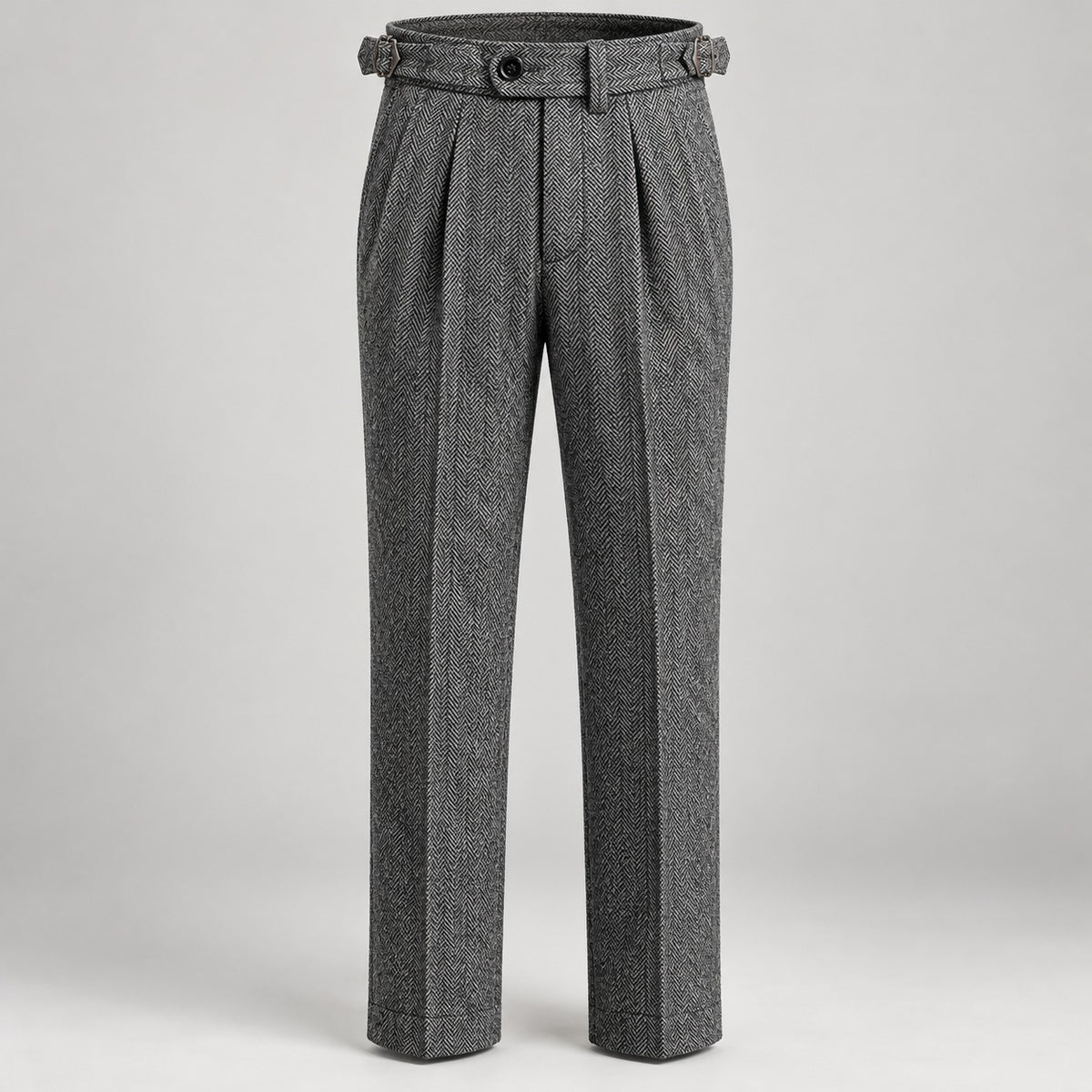 Herringbone Tweed-Look Double-Pleat Trousers, Side Adjusters – Men – Charcoal – waist