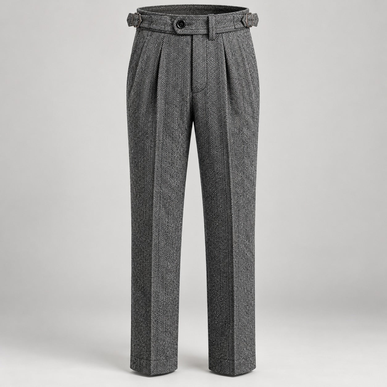 Herringbone Tweed-Look Double-Pleat Trousers, Side Adjusters – Men – Charcoal – waist