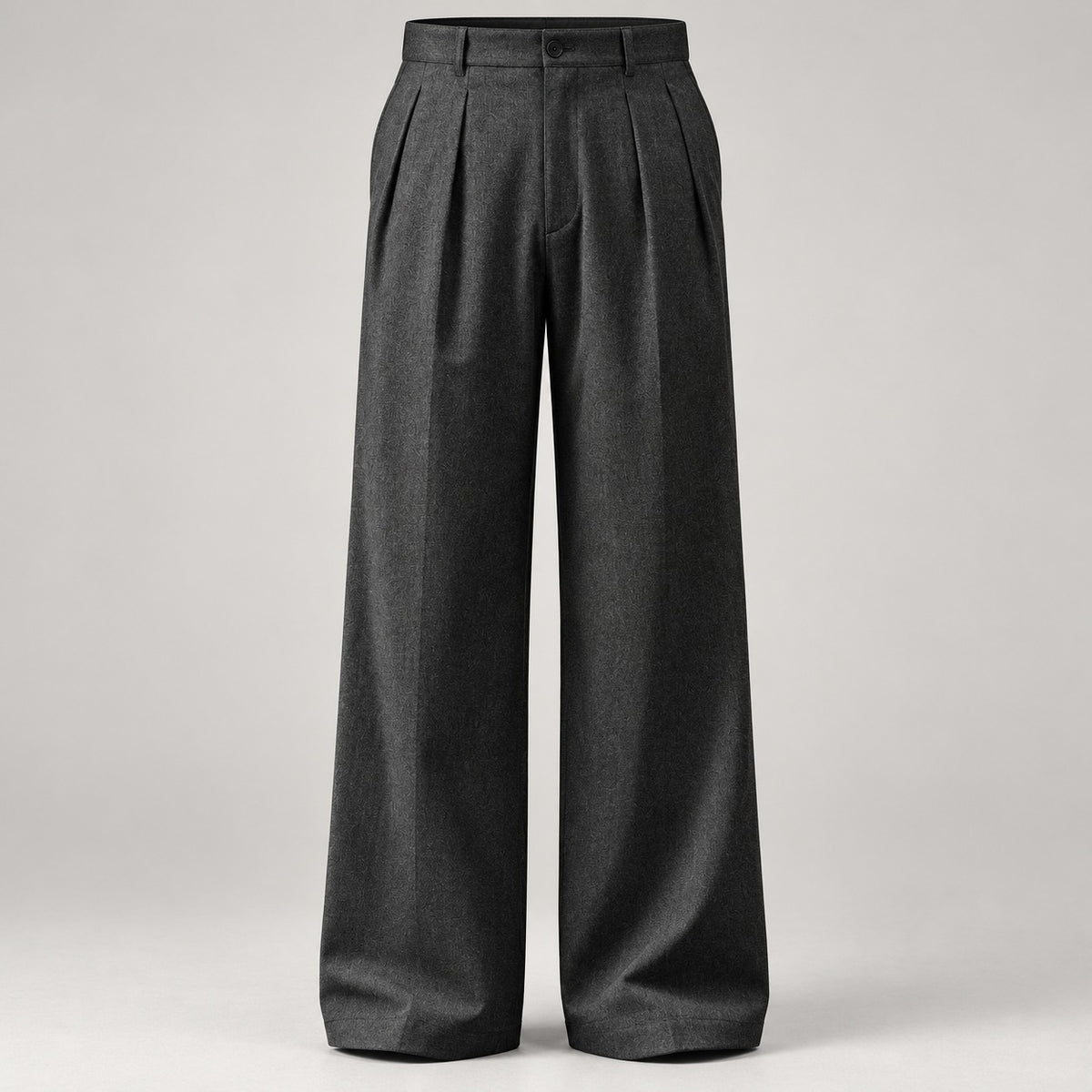 High-Waist Double-Pleat Wide Trousers, 1930s Cut – Men – Charcoal – worn, full length