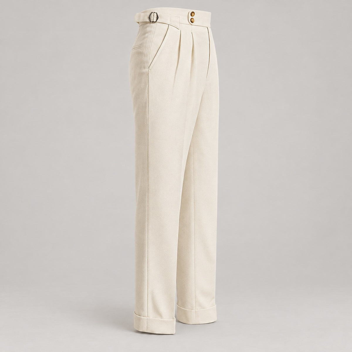 High-Waist Pleated Trousers, Side Adjusters – Men – Cream – front