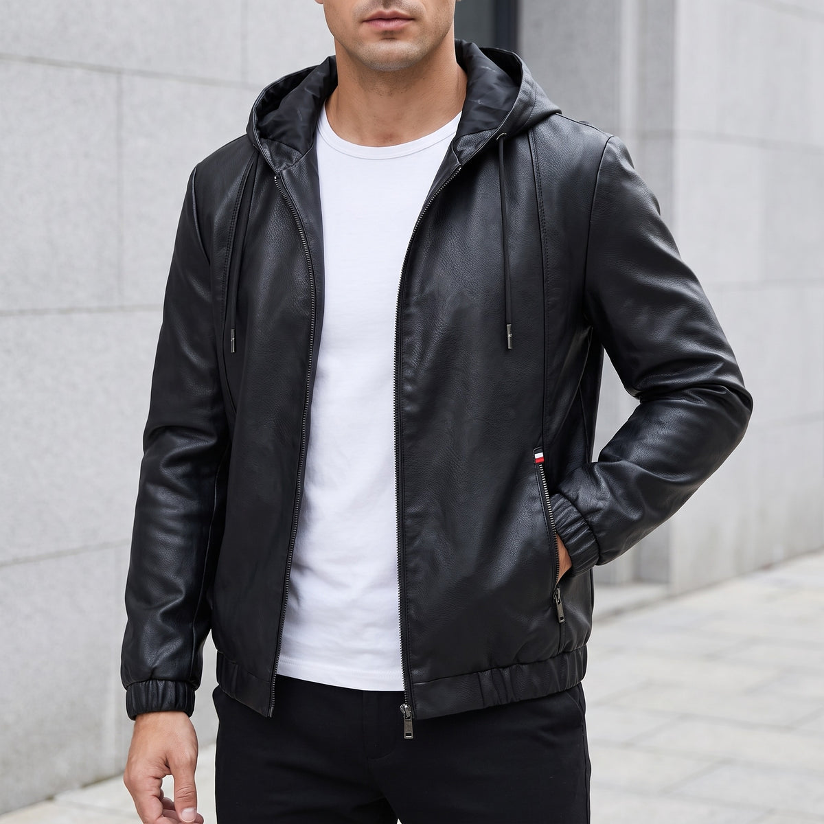 Hooded Leather-Look Jacket – Men – Black – worn