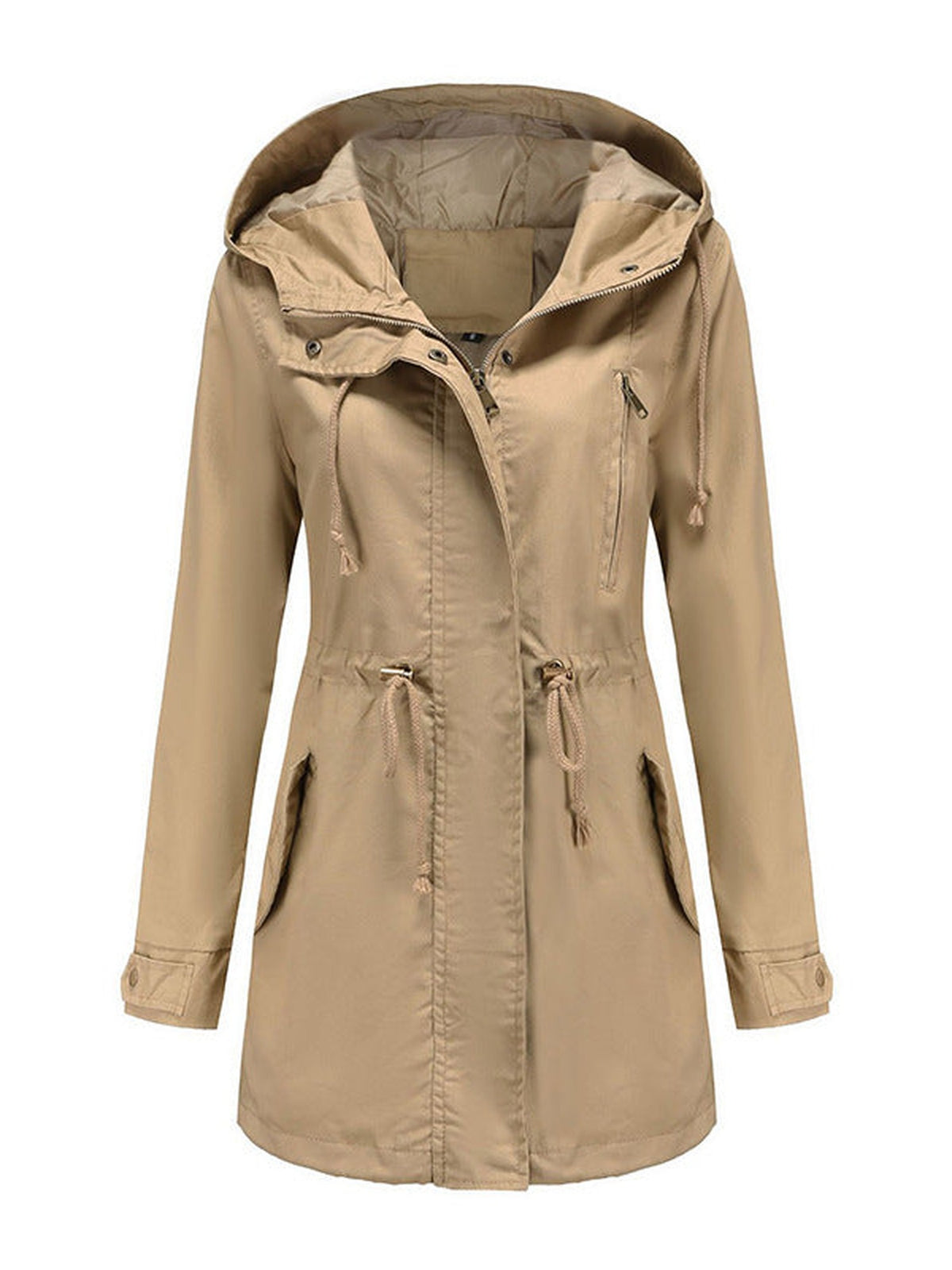 95% Polyester Hooded Parka, Drawstring Waist – Women – Beige – front