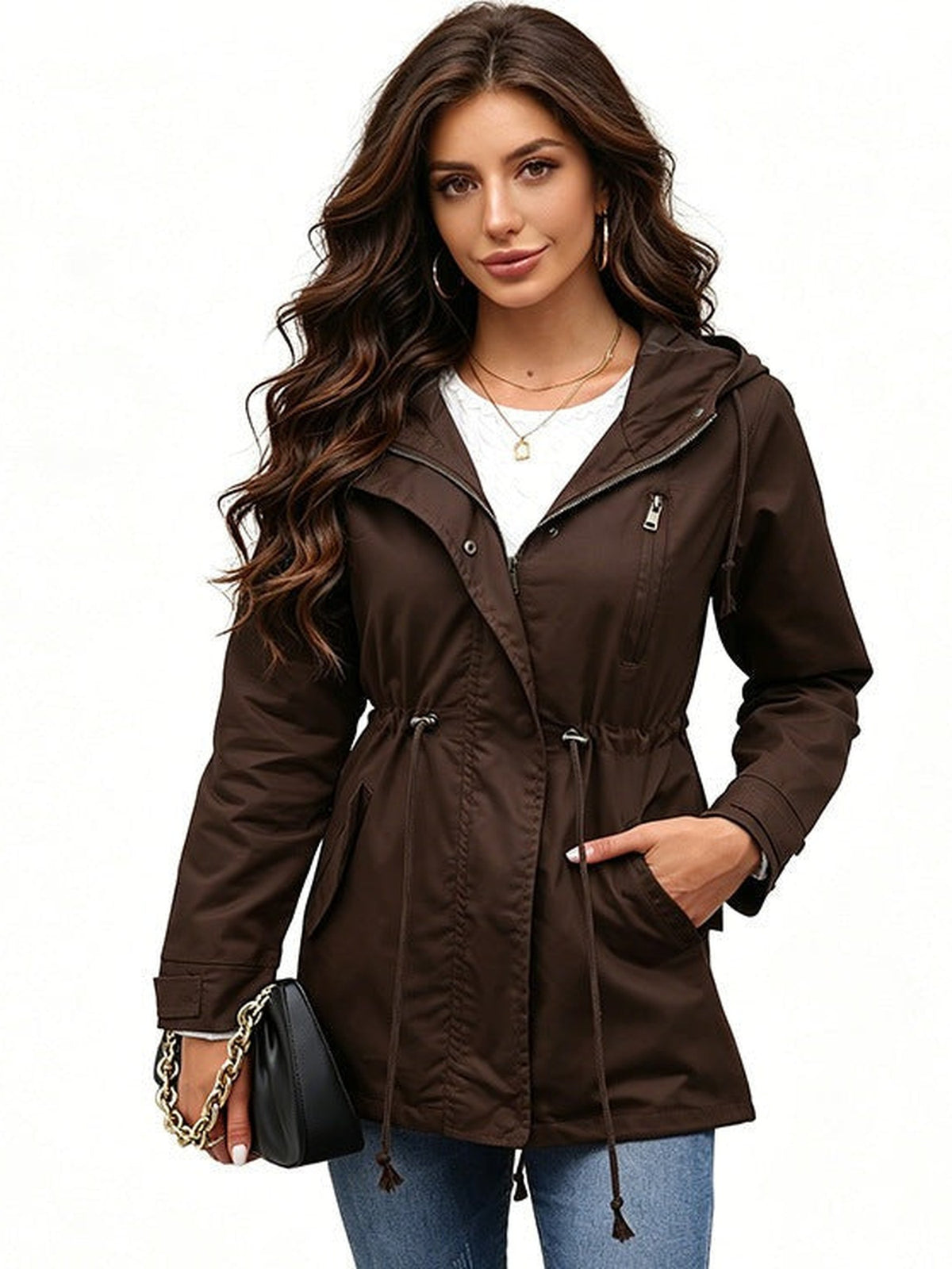 95% Polyester Hooded Parka, Drawstring Waist – Women – Chocolate – worn