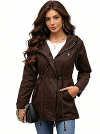95% Polyester Hooded Parka, Drawstring Waist – Women – Chocolate – worn