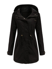 95% Polyester Hooded Parka, Drawstring Waist – Women – Black – front